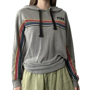 PINK Victoria's Secret Gray Hoodie with Colorful Stripes